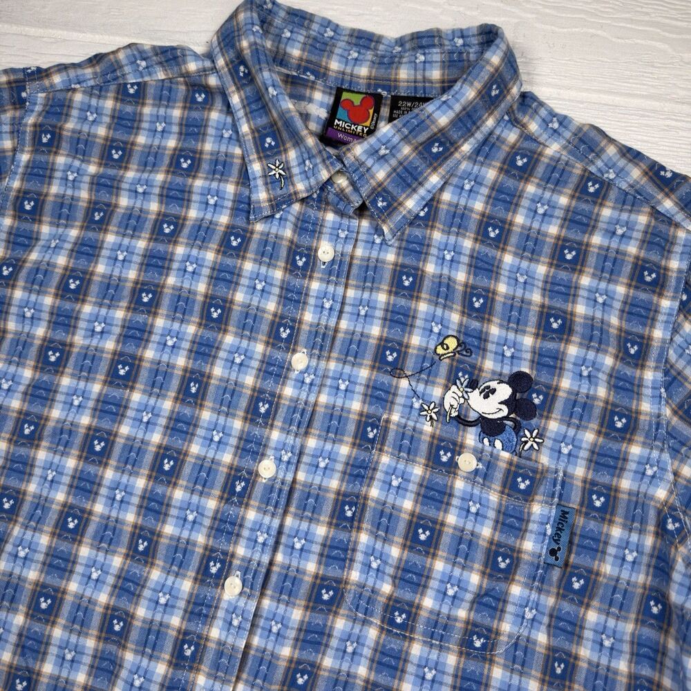 Disney Mickey Unlimited 22W 24W Blue Plaid Embroidered Mickey Button Up Shirt